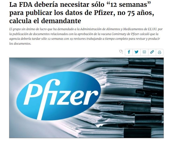 La FDA debería necesitar sólo “12 semanas” para publicar los datos de Pfizer, no 75 años